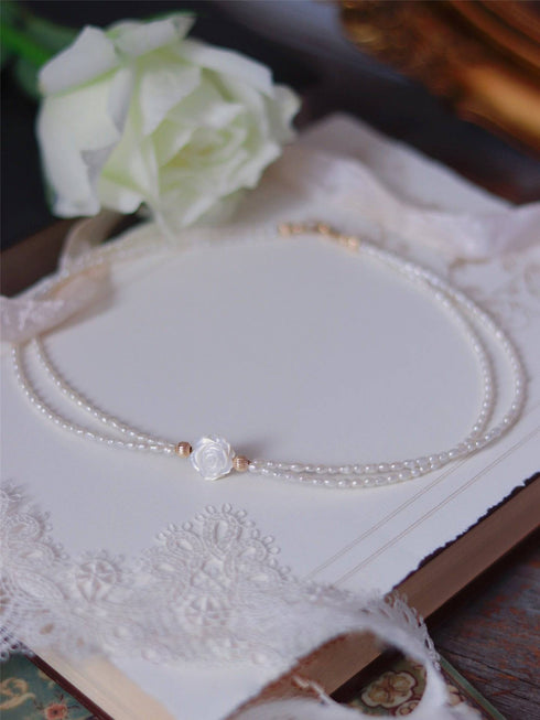 Rose Carvered Mother of Pearls Shell Layered Pearls Necklace and Bracelet (Purchase Individually) - Zafari Studio Jewelry